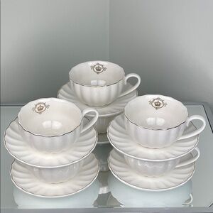 Amazingware Elegant Royal White Tea Cups & Saucers | Gold Trim | Set of 6